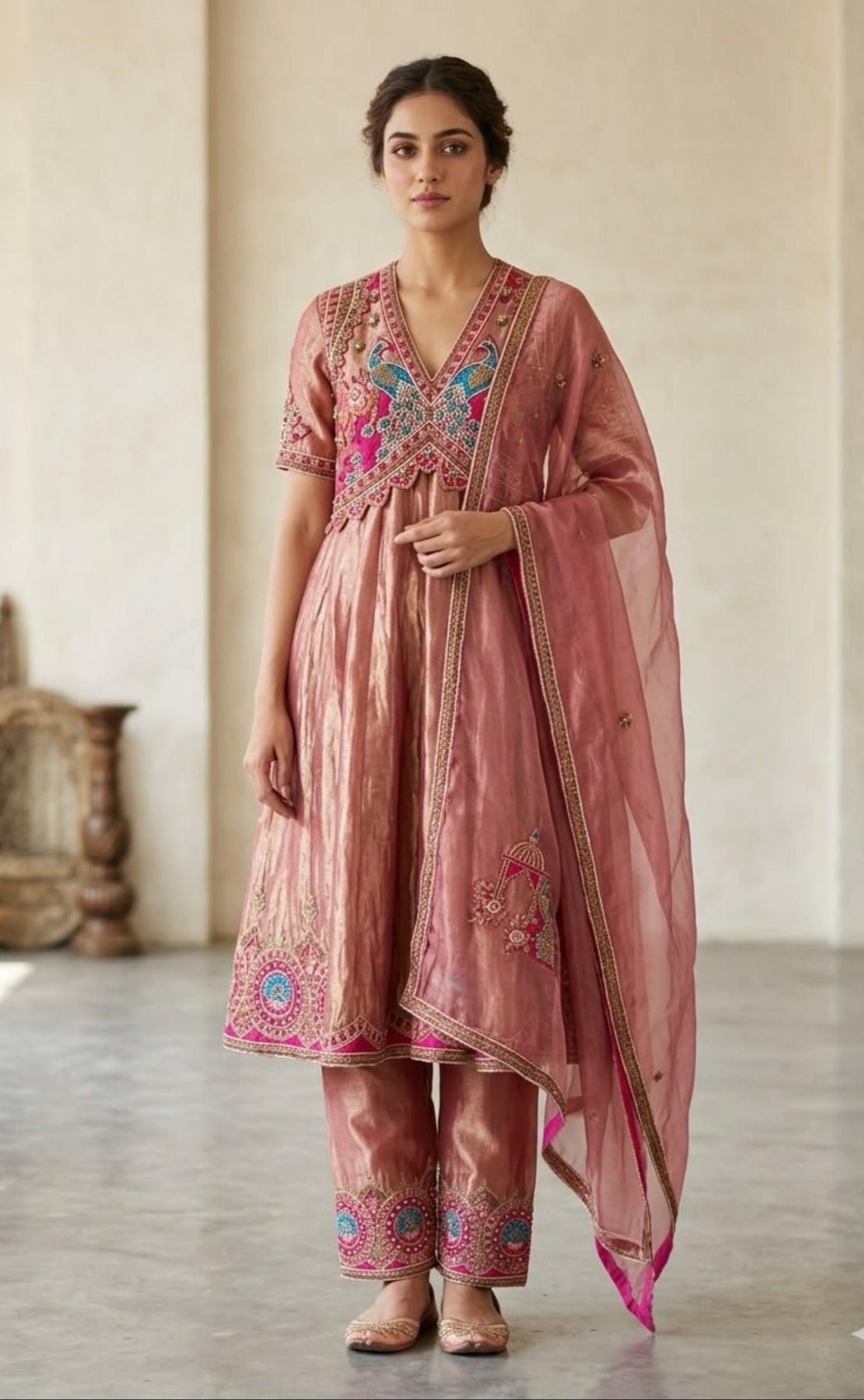 Peacock Motif Tissue Anarkali Set