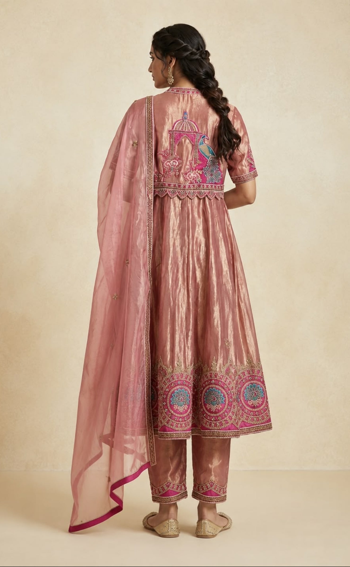 Peacock Motif Tissue Anarkali Set