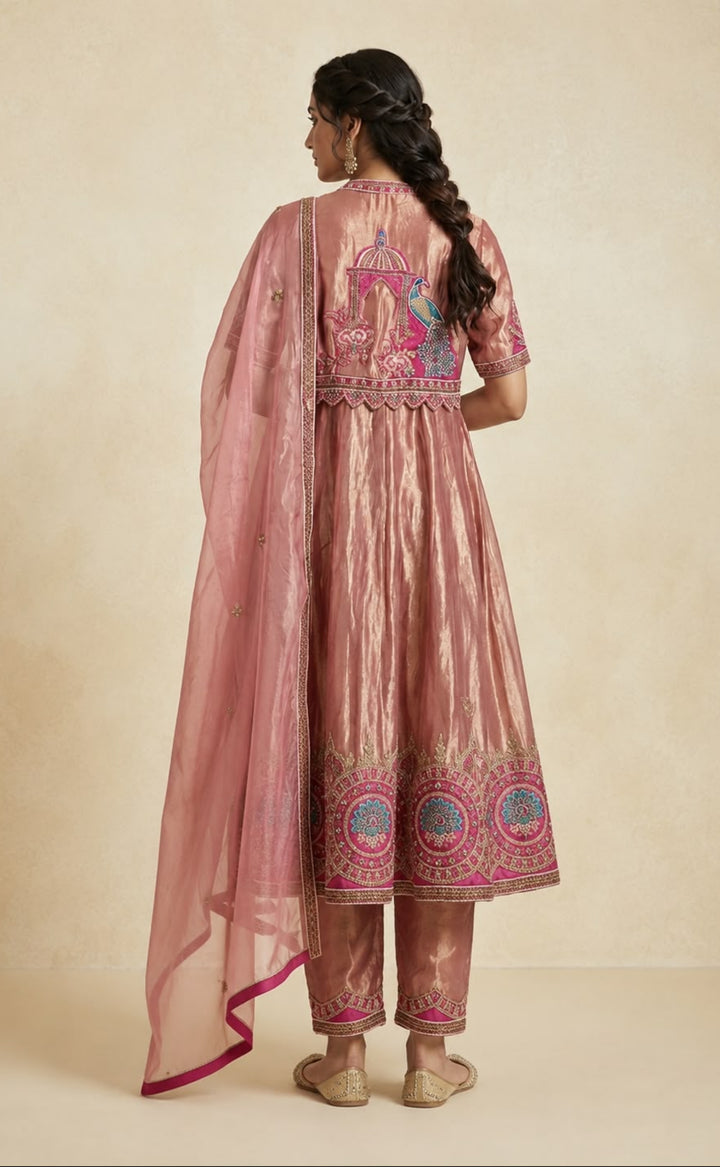 Peacock Motif Tissue Anarkali Set