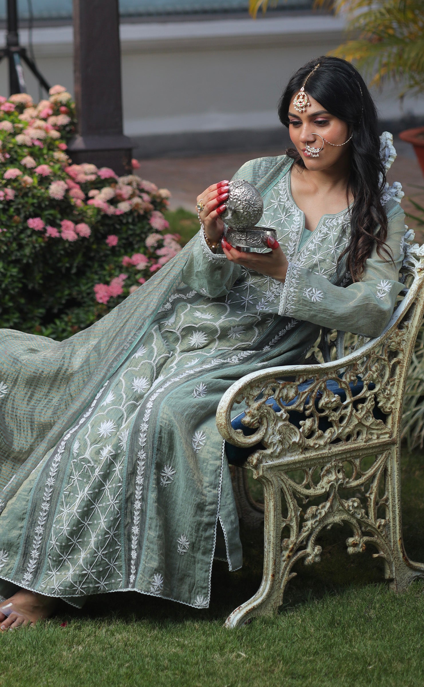 AYAMIK SAGE GREEN CHIKANKARI