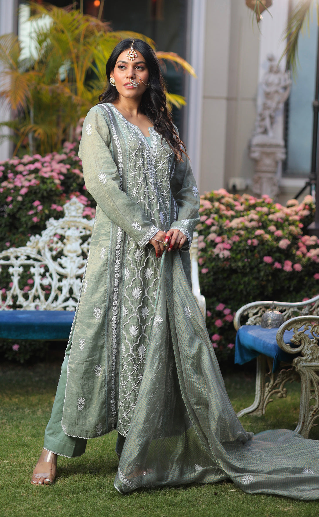 AYAMIK SAGE GREEN CHIKANKARI