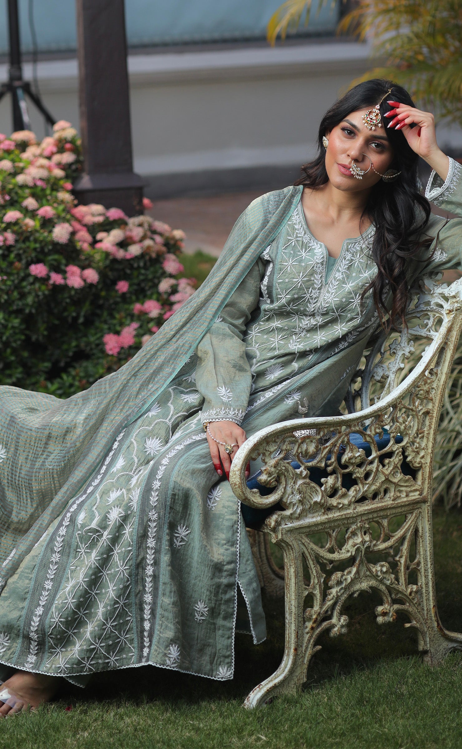 AYAMIK SAGE GREEN CHIKANKARI